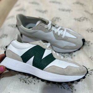 New Balance Womens 327 grey, white and green.